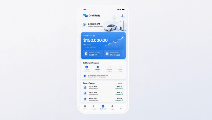 Grid Rails settlement app showing earnings and payouts