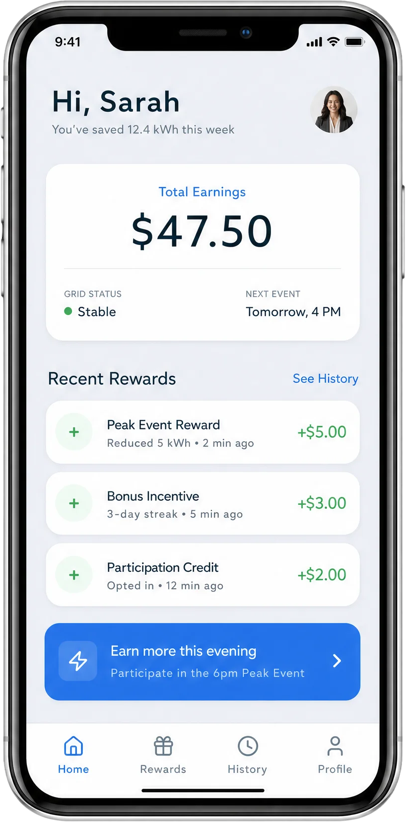 Participant rewards app showing total earnings and recent incentives